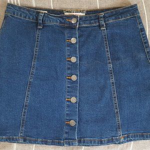 Jean denim short skirt, button front, dark wash